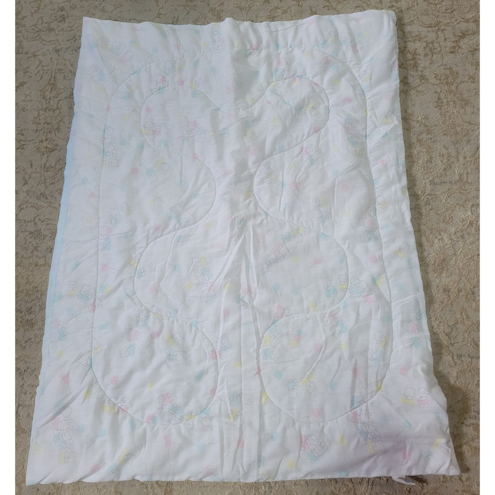Vintage Gerber Baby Comforter Blanket Pastel Animals Train Blue White 41x33